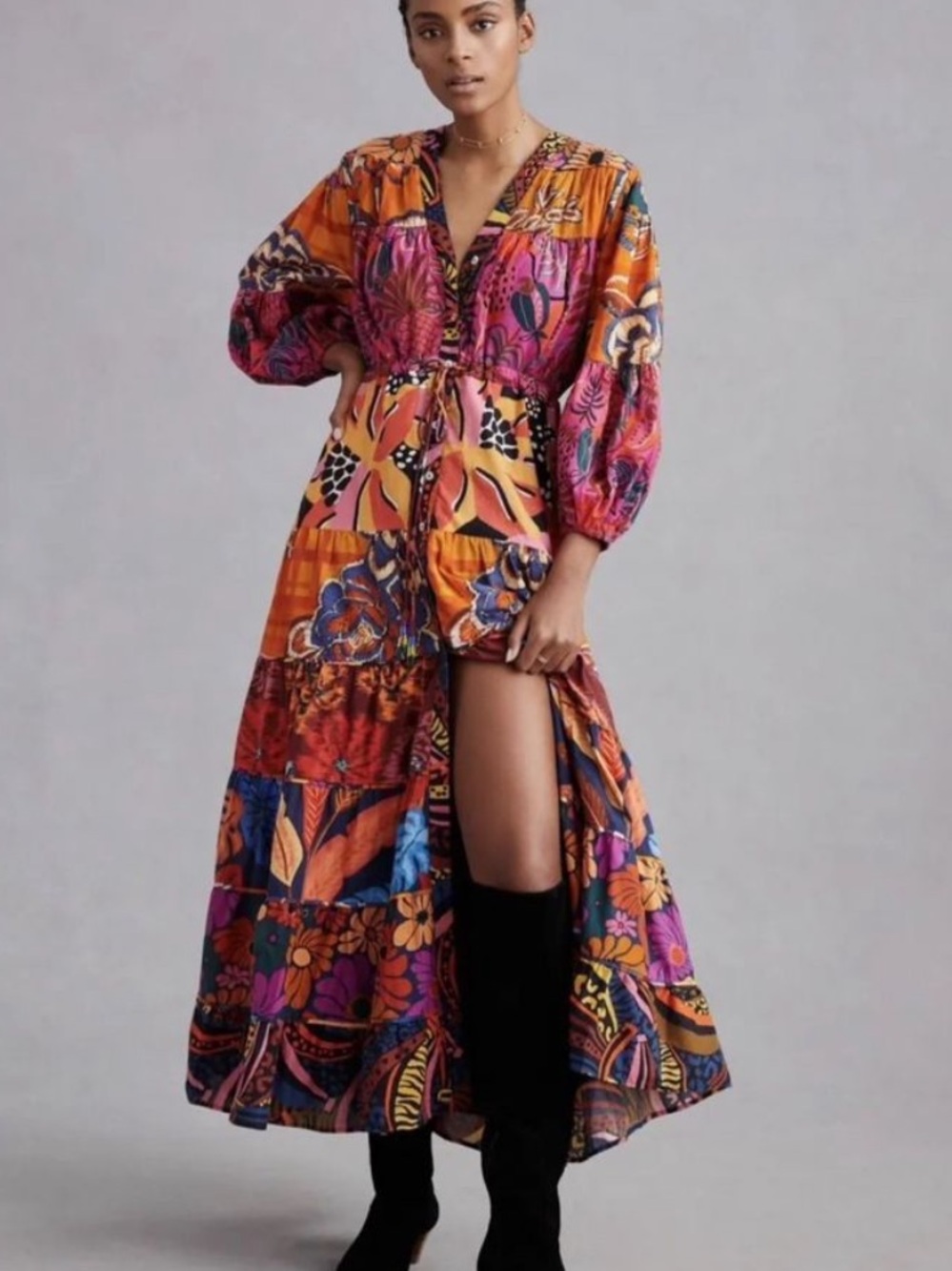 Farm Rio Button Front Puff Sleeve Maxi dress